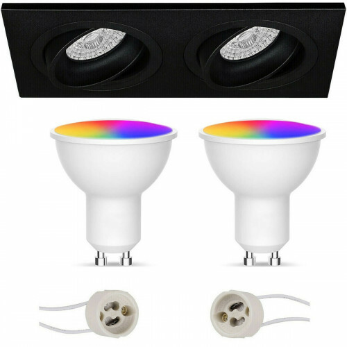LED Spot Set GU10 - Facto - Smart LED - Wifi LED - 5W - RGB+CCT - Anpassbare Lichtfarbe - Dimmbar - Fernbedienung - Pragmi Borny Pro - Einbau Rechteck Doppelt - Matt Schwarz - Schwenkbar - 175x92mm