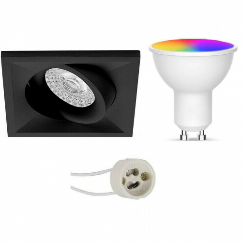 LED Spot Set GU10 - Facto - Smart LED - Wifi LED - 5W - RGB+CCT - Anpassbare Lichtfarbe - Dimmbar - Fernbedienung - Pragmi Qiundo Pro - Einbau Quadrat - Matt Schwarz - Schwenkbar - 80mm