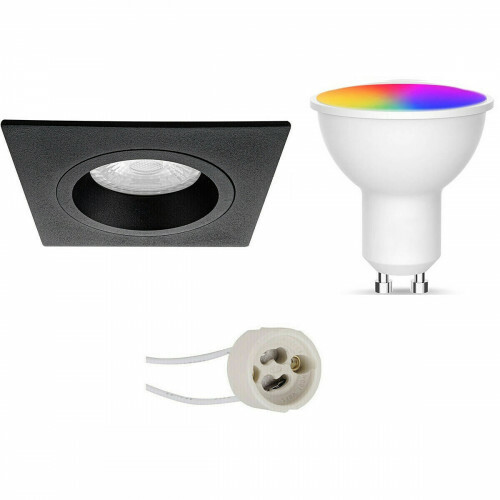 LED Spot Set GU10 - Facto - Smart LED - Wifi LED - 5W - RGB+CCT - Anpassbare Lichtfarbe - Dimmbar - Fernbedienung - Pragmi Rodos Pro - Einbau Quadrat - Matt Schwarz - 93mm