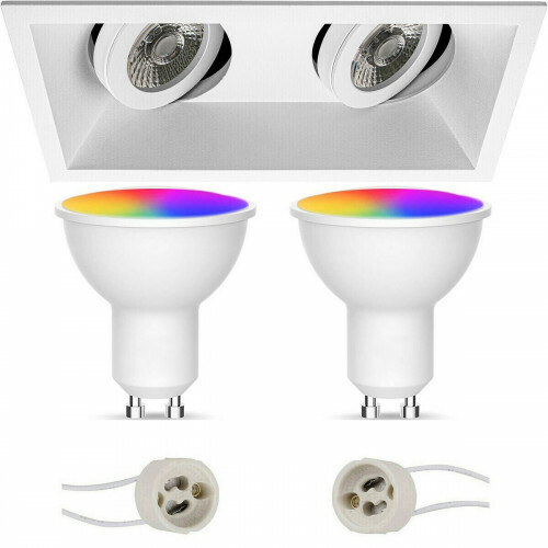 LED Spot Set GU10 - Facto - Smart LED - Wifi LED - 5W - RGB+CCT - Anpassbare Lichtfarbe - Dimmbar - Fernbedienung - Pragmi Zano Pro - Einbau Rechteckig Doppelt - Matt Weiß - Schwenkbar - 185x93mm