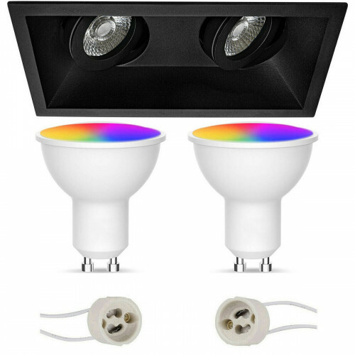 LED Spot Set GU10 - Facto - Smart LED - Wifi LED - 5W - RGB+CCT - Anpassbare Lichtfarbe - Dimmbar - Fernbedienung - Pragmi Zano Pro - Einbau Rechteckig Doppelt - Matt Schwarz - Schwenkbar - 185x93mm