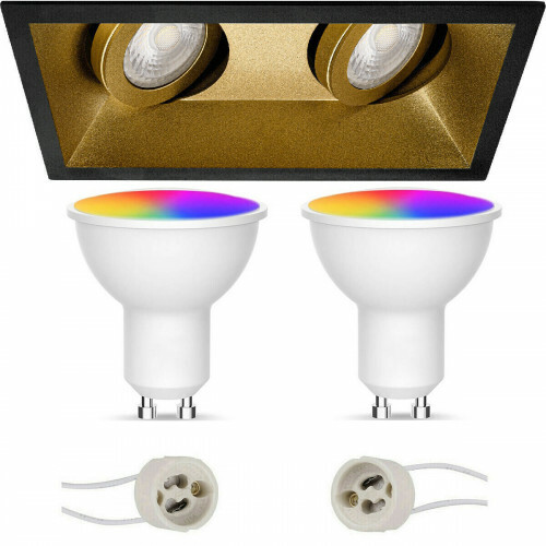 LED Spot Set GU10 - Facto - Smart LED - Wifi LED - 5W - RGB+CCT - Anpassbare Lichtfarbe - Dimmbar - Fernbedienung - Pragmi Zano Pro - Einbau Rechteckig Doppelt - Matt Schwarz/Gold - Schwenkbar - 185x93mm