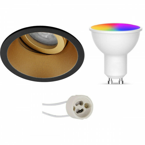 LED Spot Set GU10 - Facto - Smart LED - Wifi LED - 5W - RGB+CCT - Anpassbare Lichtfarbe - Dimmbar - Fernbedienung - Pragmi Zano Pro - Einbau Rund - Matt Schwarz/Gold - Schwenkbar - Ø93mm