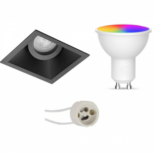 LED Spot Set GU10 - Facto - Smart LED - Wifi LED - 5W - RGB+CCT - Anpassbare Lichtfarbe - Dimmbar - Fernbedienung - Pragmi Zano Pro - Einbau Quadrat - Matt Schwarz - Schwenkbar - 93mm