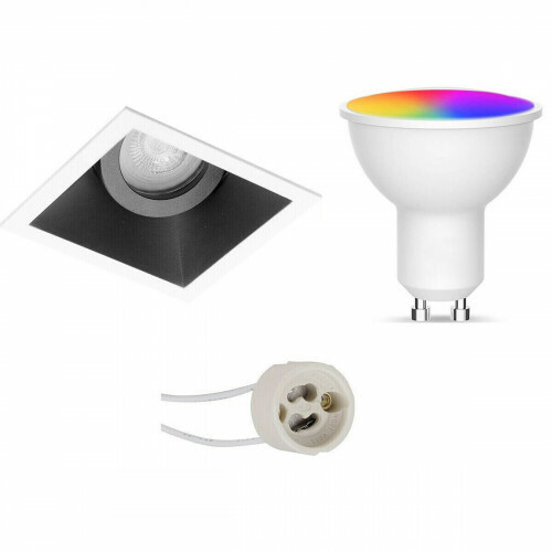 LED Spot Set GU10 - Facto - Smart LED - Wifi LED - 5W - RGB+CCT - Anpassbare Lichtfarbe - Dimmbar - Fernbedienung - Pragmi Zano Pro - Einbau Quadrat - Matt Schwarz/Weiß - Schwenkbar - 93mm