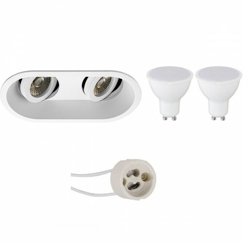 LED Spot Set - Pragmi Zano Pro - GU10 Fassung - Dimmbar - Einbau Oval Doppelt - Matt Weiß - 6W - Kaltweiß 6400K - Schwenkbar - 185x93mm