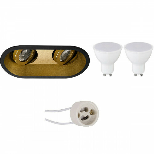 LED Spot Set - Pragmi Zano Pro - GU10 Fassung - Einbau Oval Doppelt - Matt Schwarz/Gold - 4W - Neutralweiß 4200K - Schwenkbar - 185x93mm