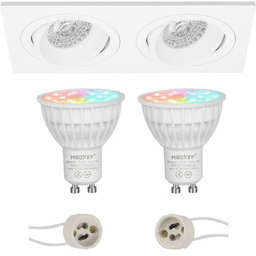 Mi-Light MiBoxer - LED Spot Set GU10 - Smart LED - Wifi LED - 4W - RGB+CCT - Anpassbare Lichtfarbe - Dimmbar - Pragmi Borny Pro - Einbau Rechteck Doppel - Matt Weiß - Schwenkbar - 175x92mm