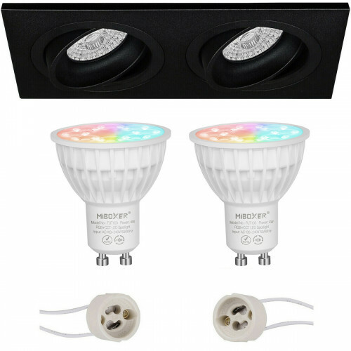 Mi-Light MiBoxer - LED Spot Set GU10 - Smart LED - Wifi LED - 4W - RGB+CCT - Anpassbare Lichtfarbe - Dimmbar - Pragmi Borny Pro - Einbau Rechteck Doppel - Matt Schwarz - Schwenkbar - 175x92mm