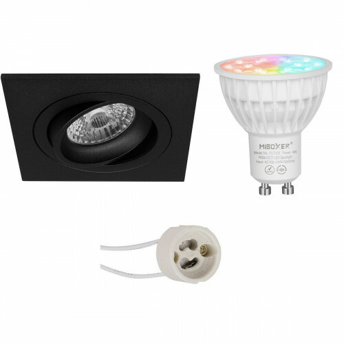 Mi-Light MiBoxer - LED Spot Set GU10 - Smart LED - Wifi LED - 4W - RGB+CCT - Anpassbare Lichtfarbe - Dimmbar - Pragmi Borny Pro - Einbau Quadrat - Matt Schwarz - Schwenkbar - 92mm