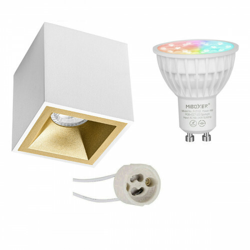 Mi-Light MiBoxer - Aufbauspot Set GU10 - Smart LED - Wifi LED - 4W - RGB+CCT - Anpassbare Lichtfarbe - Dimmbar - Pragmi Cliron Pro - Aufbau Quadrat - Matt Weiß/Gold - Vertieft - 90mm