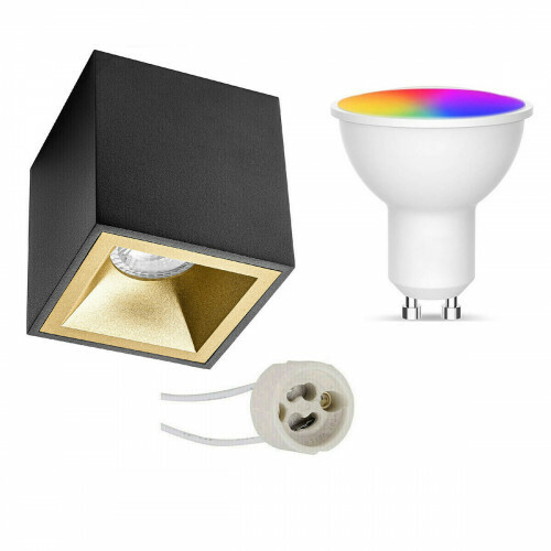 Aufbauspot Set GU10 - Facto - Smart LED - Wifi LED - 5W - RGB+CCT - Anpassbare Lichtfarbe - Dimmbar - Fernbedienung - Pragmi Cliron Pro - Aufbau Quadrat - Matt Schwarz/Gold - Vertieft - 90mm