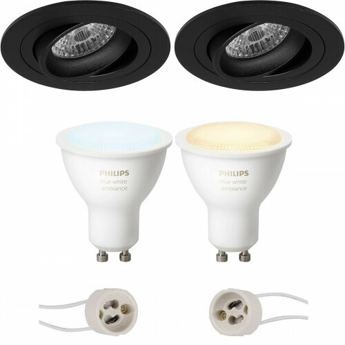 LED Spot Set GU10 - Pragmi Alpin Pro - Einbau Rund - Matt Schwarz - Schwenkbar Ø92mm - Philips Hue - White Ambiance - Bluetooth