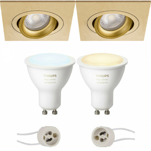 LED Spot Set GU10 - Pragmi Borny Pro - Einbau Quadrat - Matt Gold - Schwenkbar - 92mm - Philips Hue - White Ambiance - Bluetooth