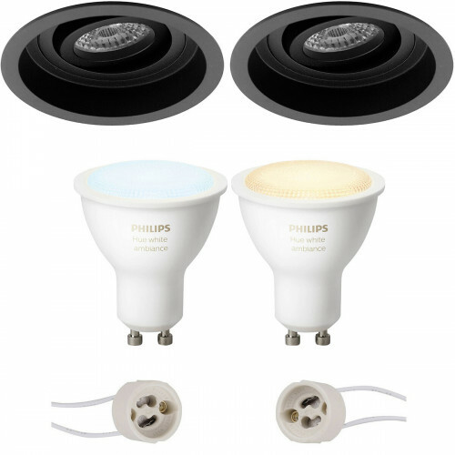 LED Spot Set GU10 - Pragmi Domy Pro - Einbau Rund - Matt Schwarz - Vertieft - Schwenkbar - Ø105mm - Philips Hue - White Ambiance - Bluetooth