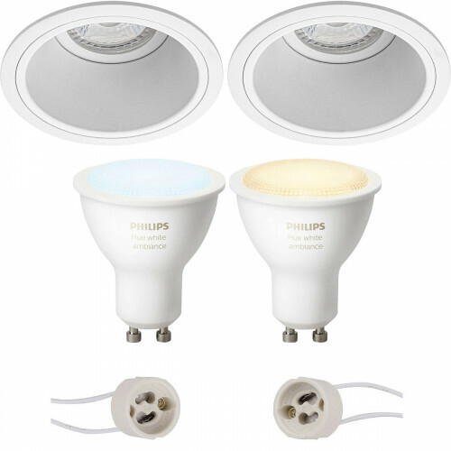 LED Spot Set GU10 - Pragmi Minko Pro - Einbau Rund - Matt Weiß - Vertieft - Ø90mm - Philips Hue - White Ambiance - Bluetooth