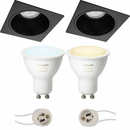 LED Spot Set GU10 - Pragmi Minko Pro - Einbau Quadrat - Matt Schwarz - Vertieft - 90mm - Philips Hue - White Ambiance - Bluetooth