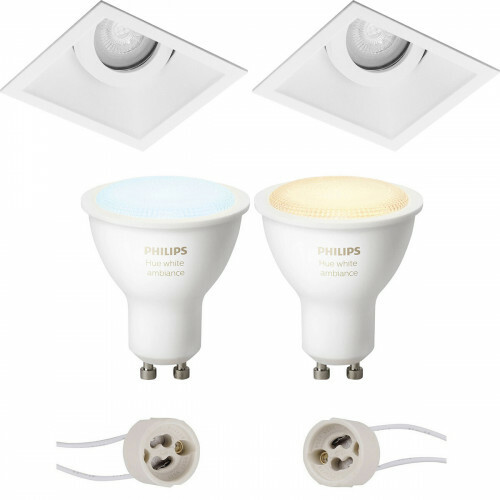 LED Spot Set GU10 - Pragmi Zano Pro - Einbau Quadrat - Matt Weiß - Schwenkbar - 93mm - Philips Hue - White Ambiance - Bluetooth