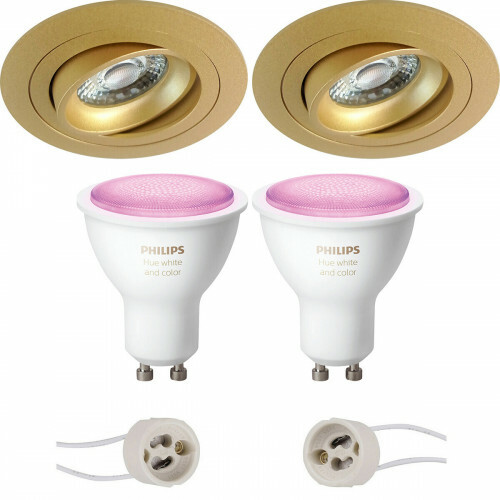 LED Spot Set GU10 - Pragmi Alpin Pro - Einbau Rund - Matt Gold - Schwenkbar - Ø92mm - Philips Hue - White and Color Ambiance - Bluetooth