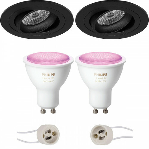 LED Spot Set GU10 - Pragmi Alpin Pro - Einbau Rund - Matt Schwarz - Schwenkbar Ø92mm - Philips Hue - White and Color Ambiance - Bluetooth