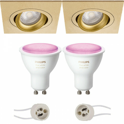 LED Spot Set GU10 - Pragmi Borny Pro - Einbau Quadrat - Matt Gold - Schwenkbar - 92mm - Philips Hue - White and Color Ambiance - Bluetooth