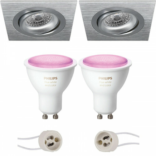LED Spot Set GU10 - Pragmi Borny Pro - Einbau Quadrat - Matt Silber - Schwenkbar - 92mm - Philips Hue - White and Color Ambiance - Bluetooth