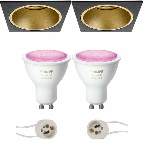 LED Spot Set GU10 - Pragmi Minko Pro - Einbau Quadrat - Matt Schwarz/Gold - Vertieft - 90mm - Philips Hue - White and Color Ambiance - Bluetooth