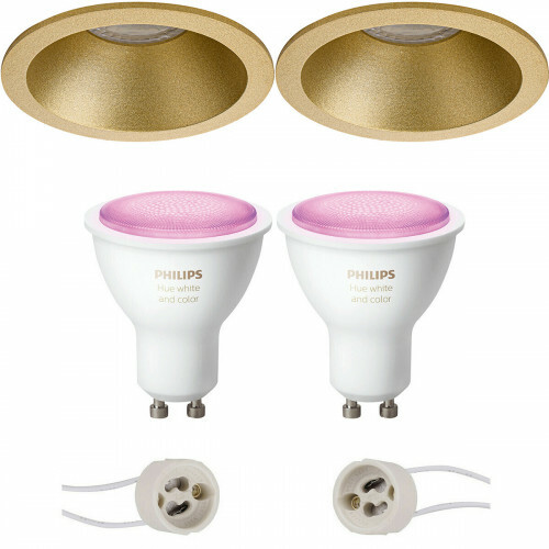 LED Spot Set GU10 - Pragmi Pollon Pro - Einbau Rund - Matt Gold - Vertieft - Ø82mm - Philips Hue - White and Color Ambiance - Bluetooth