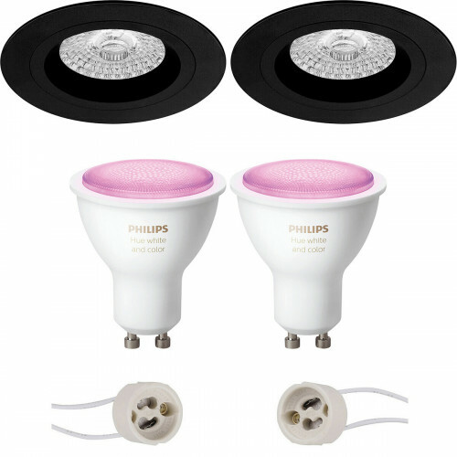 LED Spot Set GU10 - Pragmi Rodos Pro - Einbau Rund - Matt Schwarz - Ø93mm - Philips Hue - White and Color Ambiance - Bluetooth
