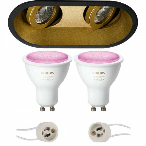 LED Spot Set GU10 - Pragmi Zano Pro - Einbau Oval Doppelt - Matt Schwarz/Gold - Schwenkbar - 185x93mm - Philips Hue - White and Color Ambiance - Bluetooth