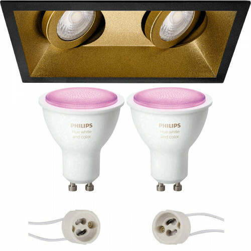 LED Spot Set GU10 - Pragmi Zano Pro - Einbau Rechteck Doppelt - Matt Schwarz/Gold - Schwenkbar - 185x93mm - Philips Hue - White and Color Ambiance - Bluetooth