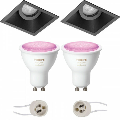 LED Spot Set GU10 - Pragmi Zano Pro - Einbau Quadrat - Matt Schwarz - Schwenkbar - 93mm - Philips Hue - White and Color Ambiance - Bluetooth