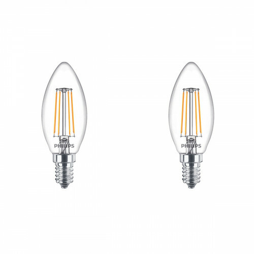 PHILIPS - LED Lampe Filament - Set 2 Stück - Classic LEDCandle 827 B35 CL - E14 Fassung - 4.3W - Warmweiß 2700K | Ersetzt 40W