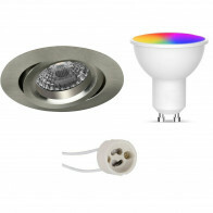 LED Spot Set GU10 - Facto - Smart LED - Wifi LED - 5W - RGB+CCT - Anpassbare Lichtfarbe - Dimmbar - Fernbedienung - Pragmi Aerony Pro - Einbau Rund - Matt Nickel - Schwenkbar - Ø82mm