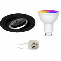 LED Spot Set GU10 - Facto - Smart LED - Wifi LED - 5W - RGB+CCT - Anpassbare Lichtfarbe - Dimmbar - Fernbedienung - Pragmi Aerony Pro - Einbau Rund - Matt Schwarz - Schwenkbar - Ø82mm