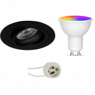 LED Spot Set GU10 - Facto - Smart LED - Wifi LED - 5W - RGB+CCT - Anpassbare Lichtfarbe - Dimmbar - Fernbedienung - Pragmi Alpin Pro - Einbau Rund - Matt Schwarz - Schwenkbar - Ø92mm