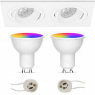 LED Spot Set GU10 - Facto - Smart LED - Wifi LED - 5W - RGB+CCT - Anpassbare Lichtfarbe - Dimmbar - Fernbedienung - Pragmi Borny Pro - Einbau Rechteck Doppelt - Matt Weiß - Schwenkbar - 175x92mm