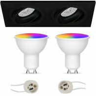 LED Spot Set GU10 - Facto - Smart LED - Wifi LED - 5W - RGB+CCT - Anpassbare Lichtfarbe - Dimmbar - Fernbedienung - Pragmi Borny Pro - Einbau Rechteck Doppelt - Matt Schwarz - Schwenkbar - 175x92mm