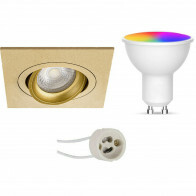 LED Spot Set GU10 - Facto - Smart LED - Wifi LED - 5W - RGB+CCT - Anpassbare Lichtfarbe - Dimmbar - Fernbedienung - Pragmi Borny Pro - Einbau Quadrat - Matt Gold - Schwenkbar - 92mm