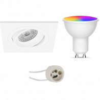 LED Spot Set GU10 - Facto - Smart LED - Wifi LED - 5W - RGB+CCT - Anpassbare Lichtfarbe - Dimmbar - Fernbedienung - Pragmi Borny Pro - Einbau Quadrat - Matt Weiß - Schwenkbar - 92mm