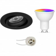 LED Spot Set GU10 - Facto - Smart LED - Wifi LED - 5W - RGB+CCT - Anpassbare Lichtfarbe - Dimmbar - Fernbedienung - Pragmi Delton Pro - Einbau Rund - Matt Schwarz - Schwenkbar - Ø82mm