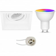 LED Spot Set GU10 - Facto - Smart LED - Wifi LED - 5W - RGB+CCT - Anpassbare Lichtfarbe - Dimmbar - Fernbedienung - Pragmi Domy Pro - Einbau Quadrat - Matt Weiß - Vertieft - Schwenkbar - 105mm