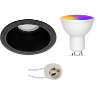 LED Spot Set GU10 - Facto - Smart LED - Wifi LED - 5W - RGB+CCT - Anpassbare Lichtfarbe - Dimmbar - Fernbedienung - Pragmi Minko Pro - Einbauring - Mattschwarz - Vertieft - Ø90mm