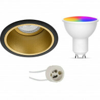 LED Spot Set GU10 - Facto - Smart LED - Wifi LED - 5W - RGB+CCT - Anpassbare Lichtfarbe - Dimmbar - Fernbedienung - Pragmi Minko Pro - Einbauring - Mattschwarz/Gold - Vertieft - Ø90mm