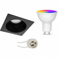 LED Spot Set GU10 - Facto - Smart LED - Wifi LED - 5W - RGB+CCT - Anpassbare Lichtfarbe - Dimmbar - Fernbedienung - Pragmi Minko Pro - Einbau Quadrat - Mattschwarz - Vertieft - 90mm