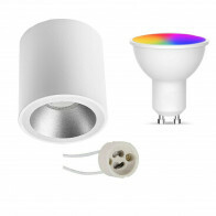 Aufbauspot Set GU10 - Facto - Smart LED - Wifi LED - 5W - RGB+CCT - Anpassbare Lichtfarbe - Dimmbar - Pragmi Cliron Pro - Aufbau Rund - Matt Weiß/Silber - Vertieft - Ø90mm