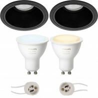 LED Spot Set GU10 - Pragmi Minko Pro - Einbau Rund - Matt Schwarz - Vertieft - Ø90mm - Philips Hue - White Ambiance - Bluetooth
