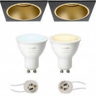 LED Spot Set GU10 - Pragmi Minko Pro - Einbau Quadrat - Matt Schwarz/Gold - Vertieft - 90mm - Philips Hue - White Ambiance - Bluetooth
