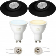 LED Spot Set GU10 - Pragmi Nivas Pro - Einbau Rund - Matt Schwarz - Trimless - Schwenkbar - Ø150mm - Philips Hue - White Ambiance - Bluetooth