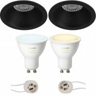 LED Spot Set GU10 - Pragmi Pollon Pro - Einbau Rund - Matt Schwarz - Vertieft - Ø82mm - Philips Hue - White Ambiance - Bluetooth